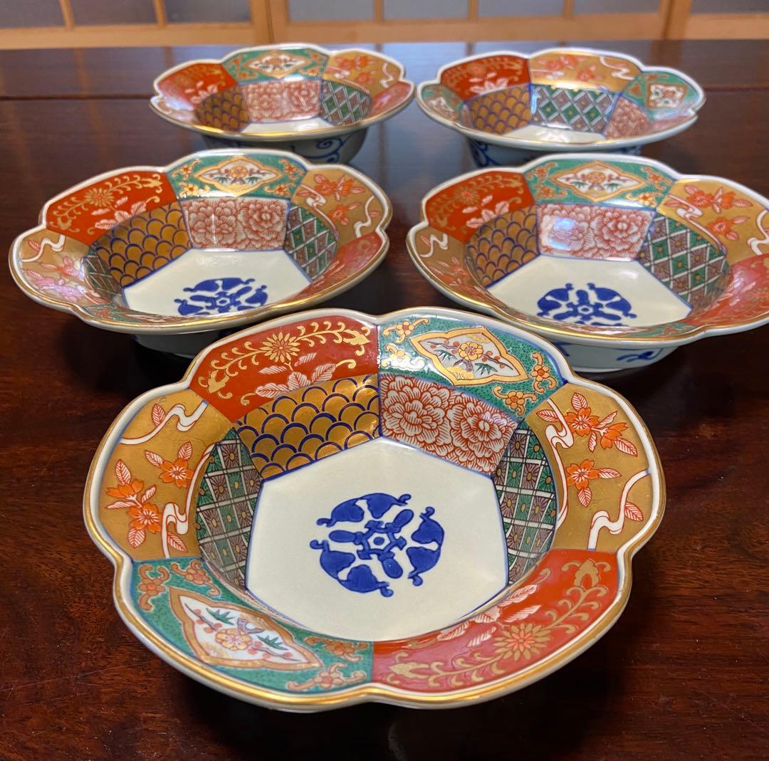 有田焼 林九郎作 花型六方割地紋 小鉢 5客揃 金彩 色絵 古伊万里風