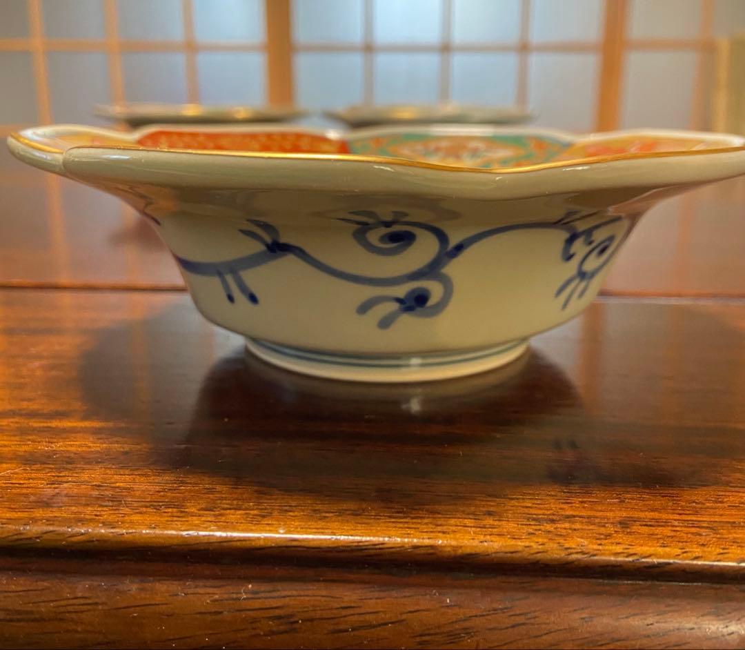 有田焼 林九郎作 花型六方割地紋 小鉢 5客揃 金彩 色絵 古伊万里風