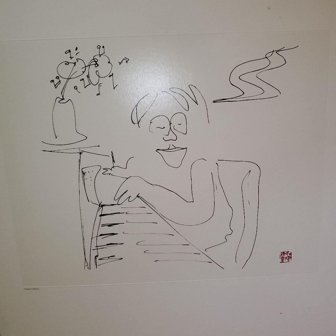 ジョンレノン、リトグラフ線画 鉛筆画 人物と植物