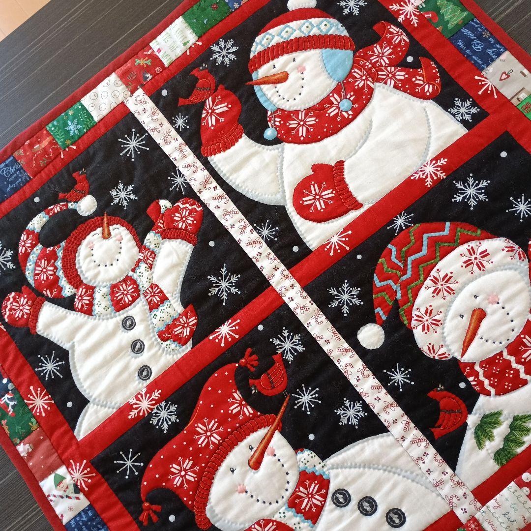 スノーマン4パネル&パッチワークキルトタペストリー　ハンドメイド