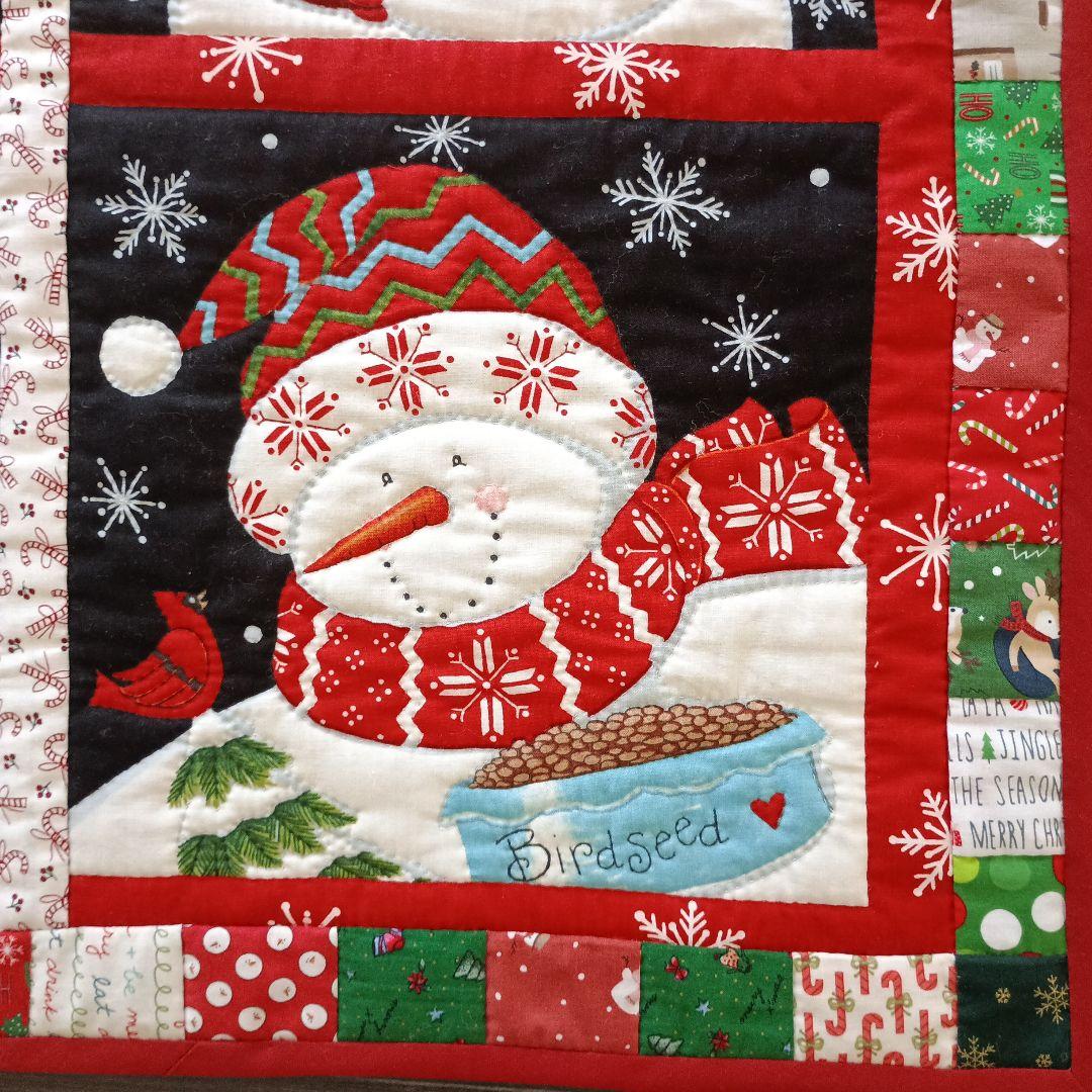 スノーマン4パネル&パッチワークキルトタペストリー　ハンドメイド