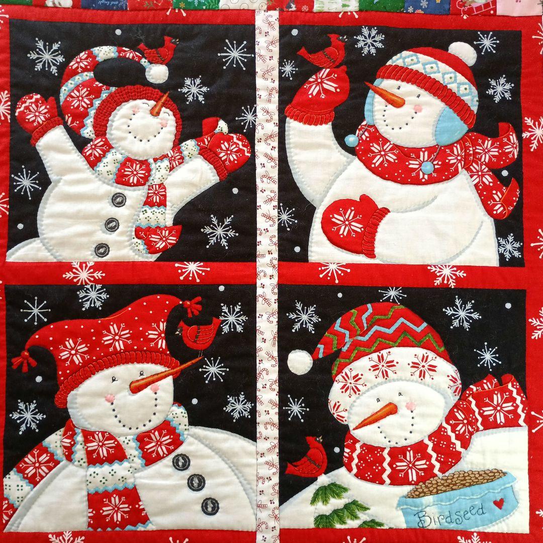 スノーマン4パネル&パッチワークキルトタペストリー　ハンドメイド