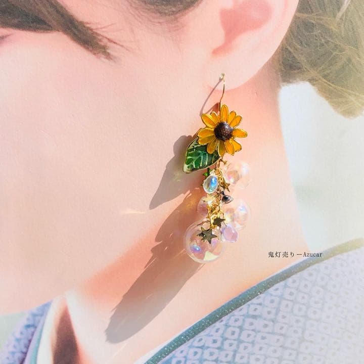 向日葵と水玉模様のヨーヨーの和風ピアス　イヤリング(初夏コーデ3点セット)