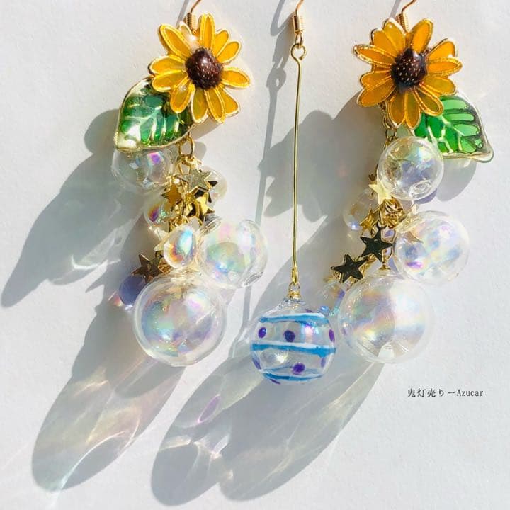 向日葵と水玉模様のヨーヨーの和風ピアス　イヤリング(初夏コーデ3点セット)