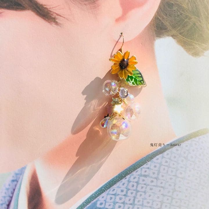 向日葵と水玉模様のヨーヨーの和風ピアス　イヤリング(初夏コーデ3点セット)