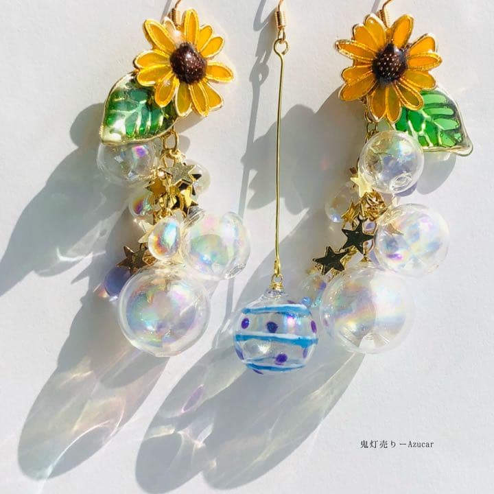 向日葵と水玉模様のヨーヨーの和風ピアス　イヤリング(初夏コーデ3点セット)