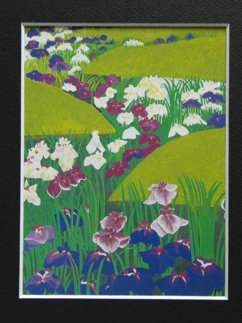 濵田台児 、【花菖蒲】、新品高級額 額装付、日本画 希少画集画 状態良好