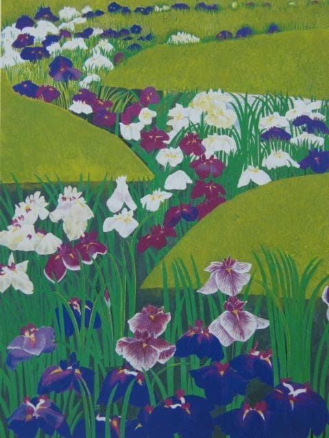 濵田台児 、【花菖蒲】、新品高級額 額装付、日本画 希少画集画 状態良好