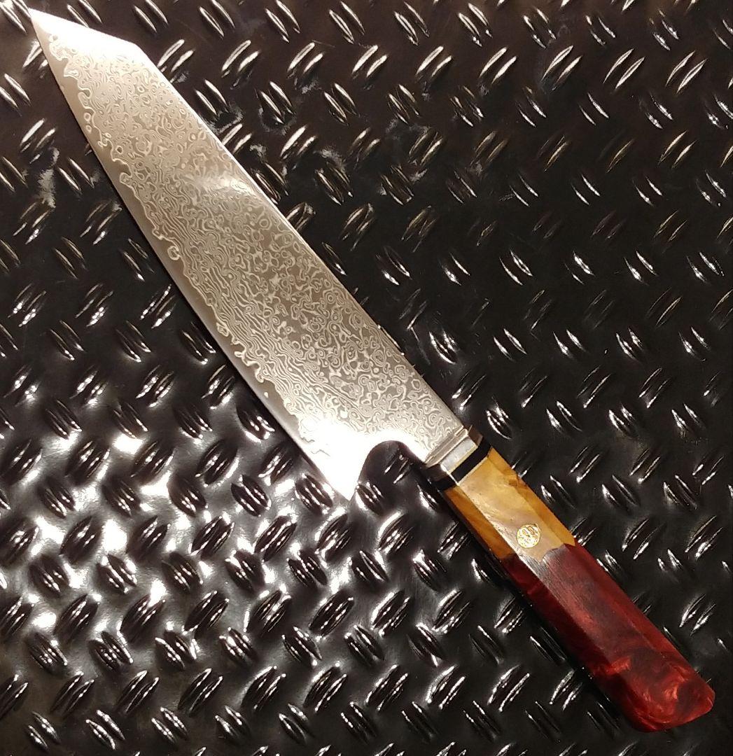 プレゼント付き　V金10号　ダマスカス包丁　ワインレッド柄　剣型　牛刀　三徳
