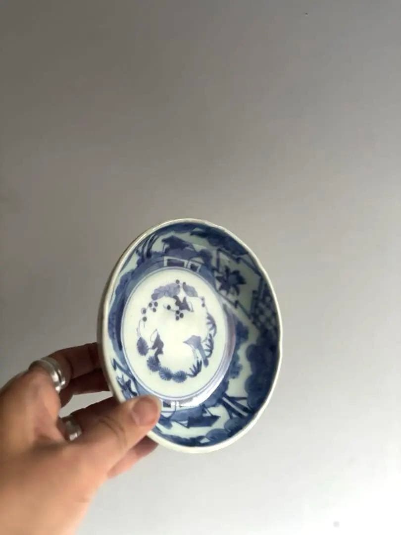 006 骨董 アンティーク 古伊万里 松竹梅に里山図染付膾皿 3点組 幕末