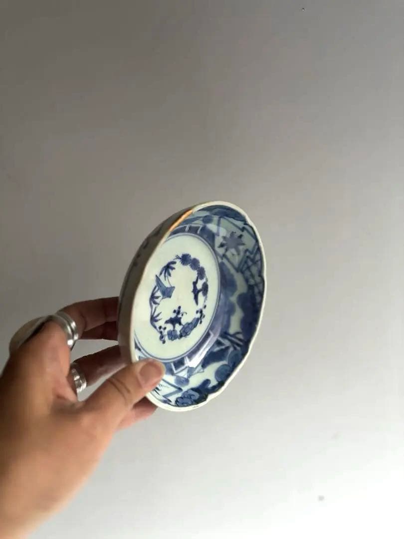 006 骨董 アンティーク 古伊万里 松竹梅に里山図染付膾皿 3点組 幕末