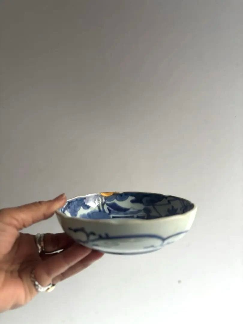 006 骨董 アンティーク 古伊万里 松竹梅に里山図染付膾皿 3点組 幕末