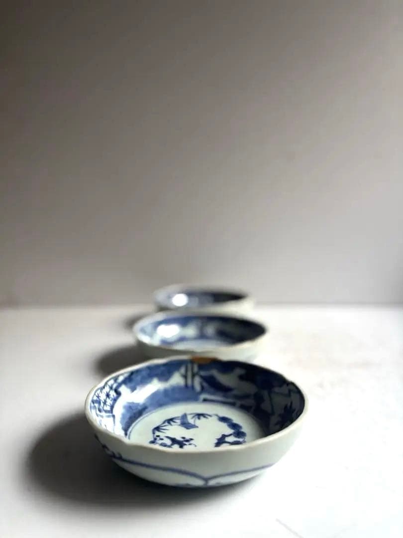 006 骨董 アンティーク 古伊万里 松竹梅に里山図染付膾皿 3点組 幕末