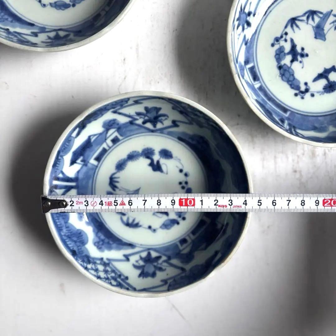 006 骨董 アンティーク 古伊万里 松竹梅に里山図染付膾皿 3点組 幕末