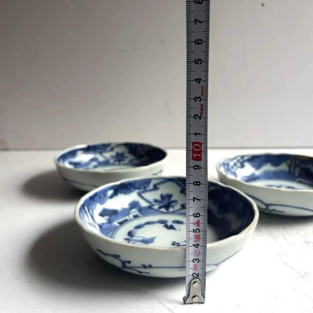 006 骨董 アンティーク 古伊万里 松竹梅に里山図染付膾皿 3点組 幕末