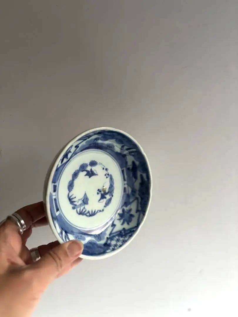 006 骨董 アンティーク 古伊万里 松竹梅に里山図染付膾皿 3点組 幕末