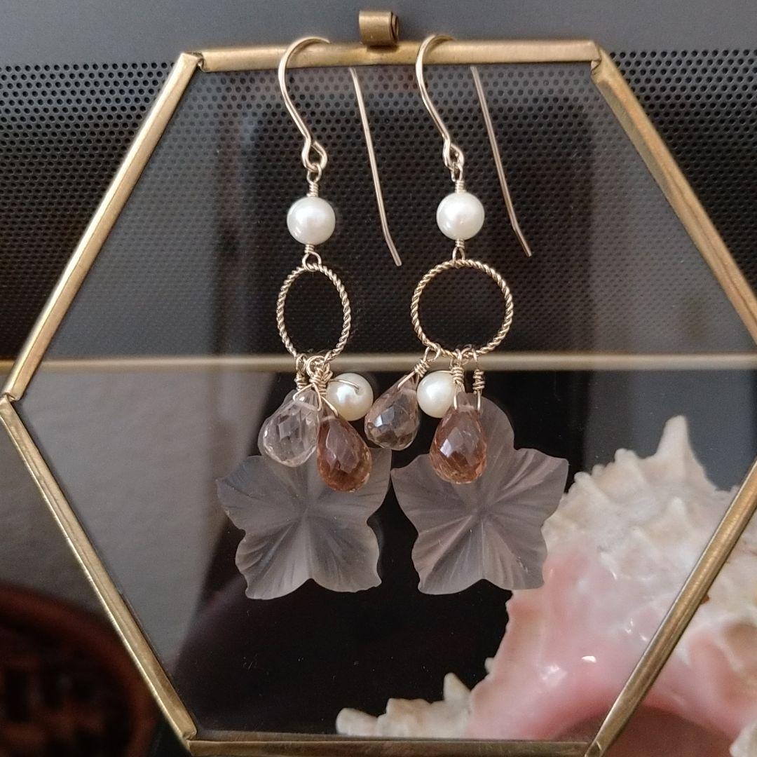 フロスト加工・スモーキークォーツのフラワーカービング①新作…サンセット…