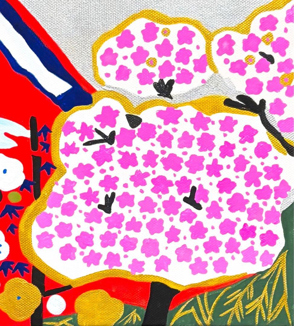 【F4号】手描き作品　片岡球子　油彩　人気　サイン　落款　未使用額　額縁　赤富士