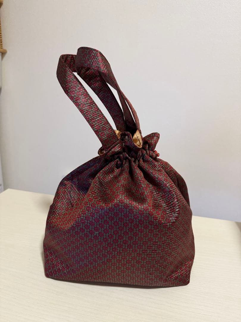 着物生地の巾着バッグ 中型