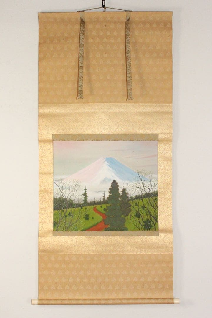 No4461 掛軸　小谷雅彦「高原」着色絹本　共箱　日本画　風景画　送料無料