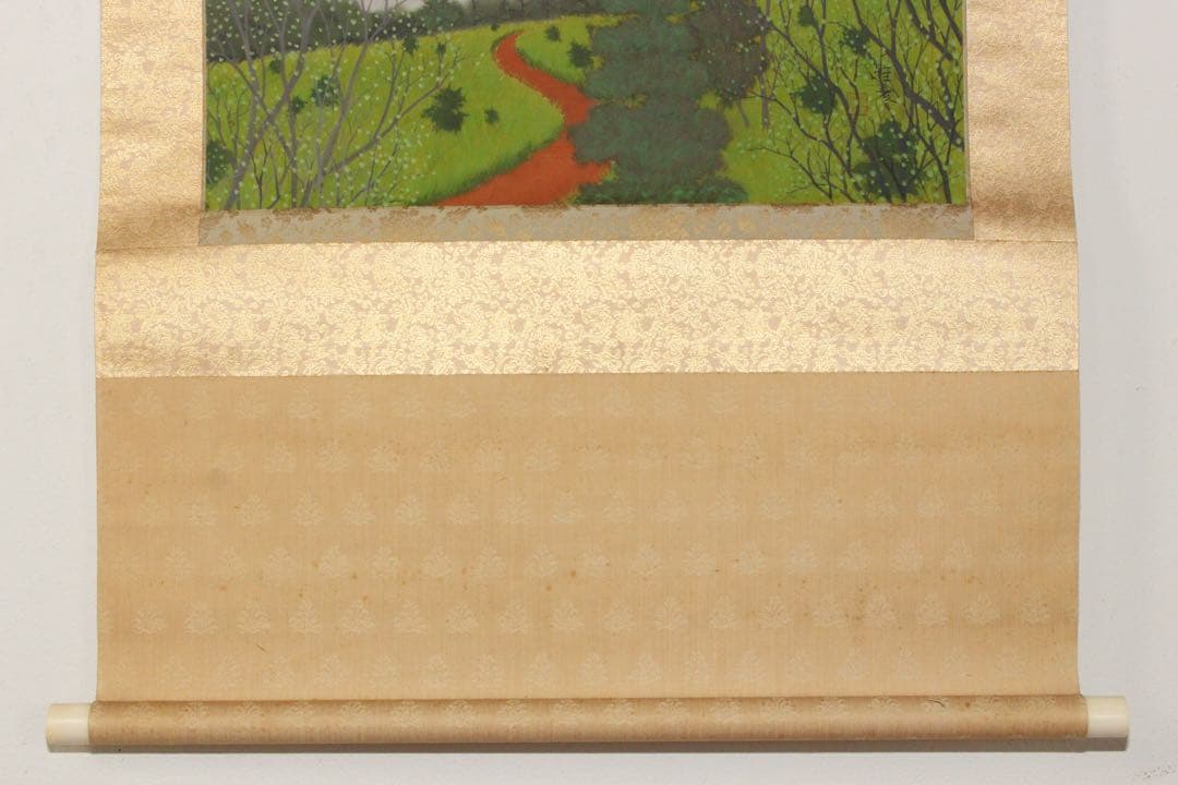 No4461 掛軸　小谷雅彦「高原」着色絹本　共箱　日本画　風景画　送料無料