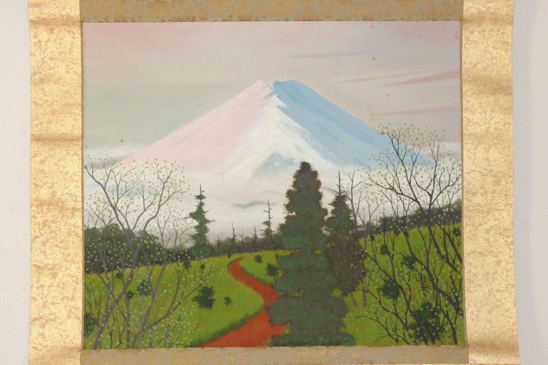 No4461 掛軸　小谷雅彦「高原」着色絹本　共箱　日本画　風景画　送料無料