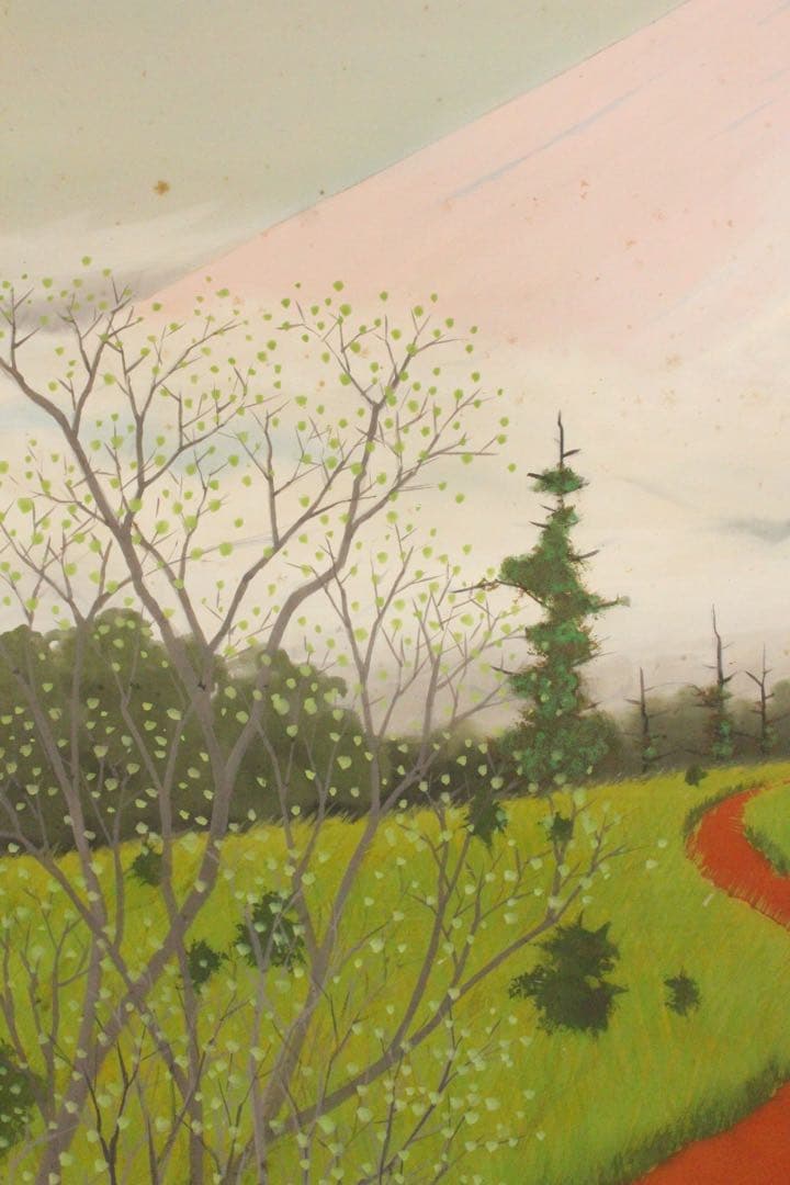 No4461 掛軸　小谷雅彦「高原」着色絹本　共箱　日本画　風景画　送料無料