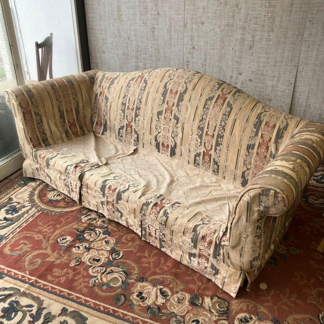 昭和レトロ コスガ家具 古家具 花柄ストライプ 三人掛けソファー アームチェア