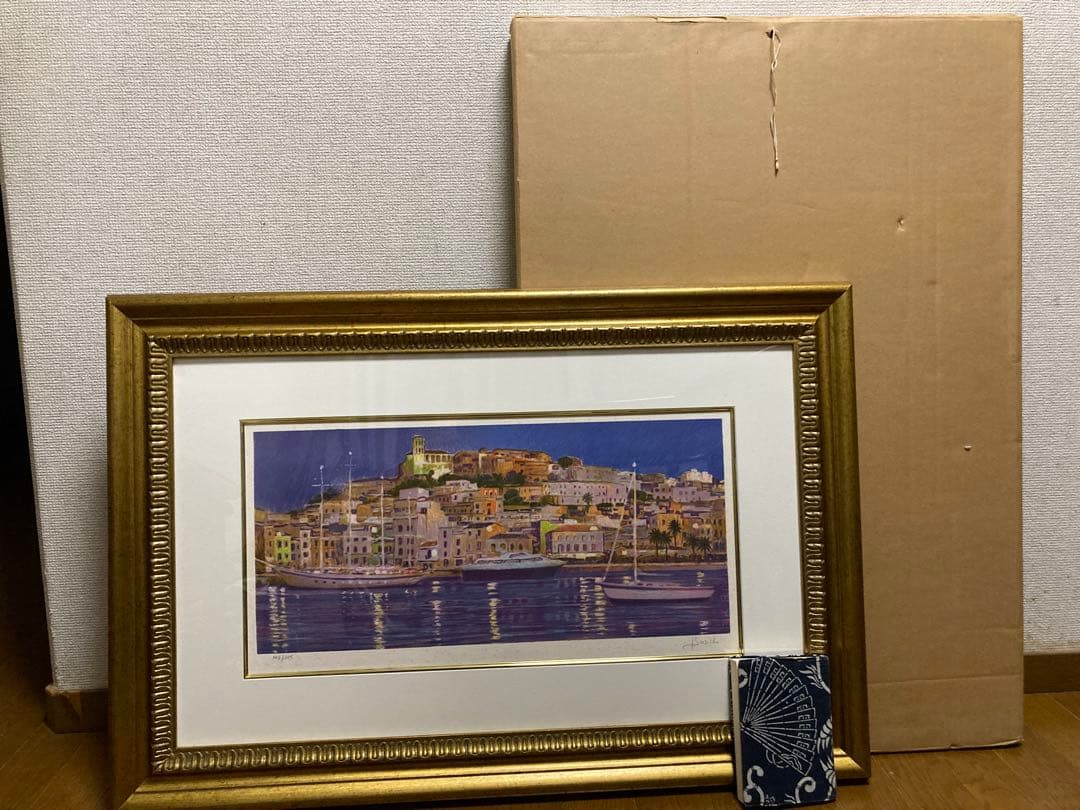 リトグラフ 夜の港の風景画【Ｆ・ボッシュ】 スペイン人気画家 額装 箱有り