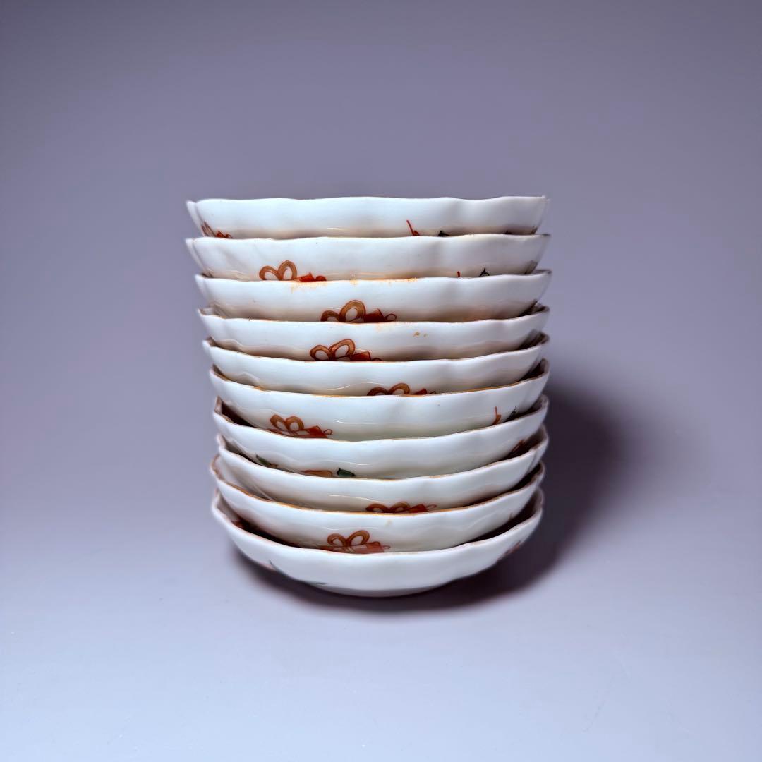 明治時代　幻の窯元　源六窯　金襴手扇子松鶴文小皿　10枚　三つトマーク