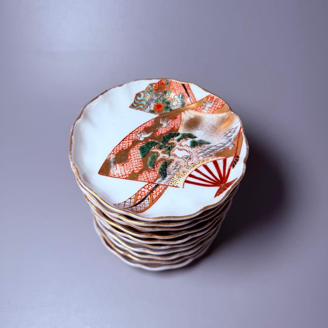 明治時代　幻の窯元　源六窯　金襴手扇子松鶴文小皿　10枚　三つトマーク