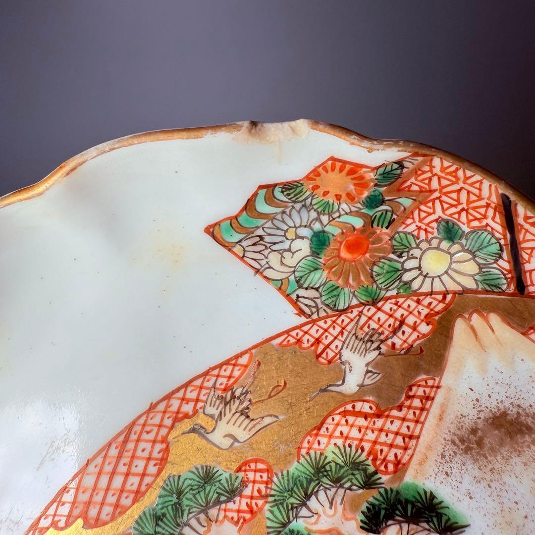 明治時代　幻の窯元　源六窯　金襴手扇子松鶴文小皿　10枚　三つトマーク