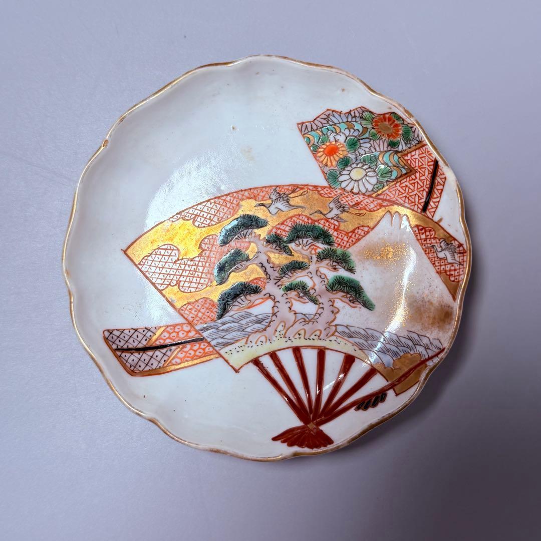 明治時代　幻の窯元　源六窯　金襴手扇子松鶴文小皿　10枚　三つトマーク