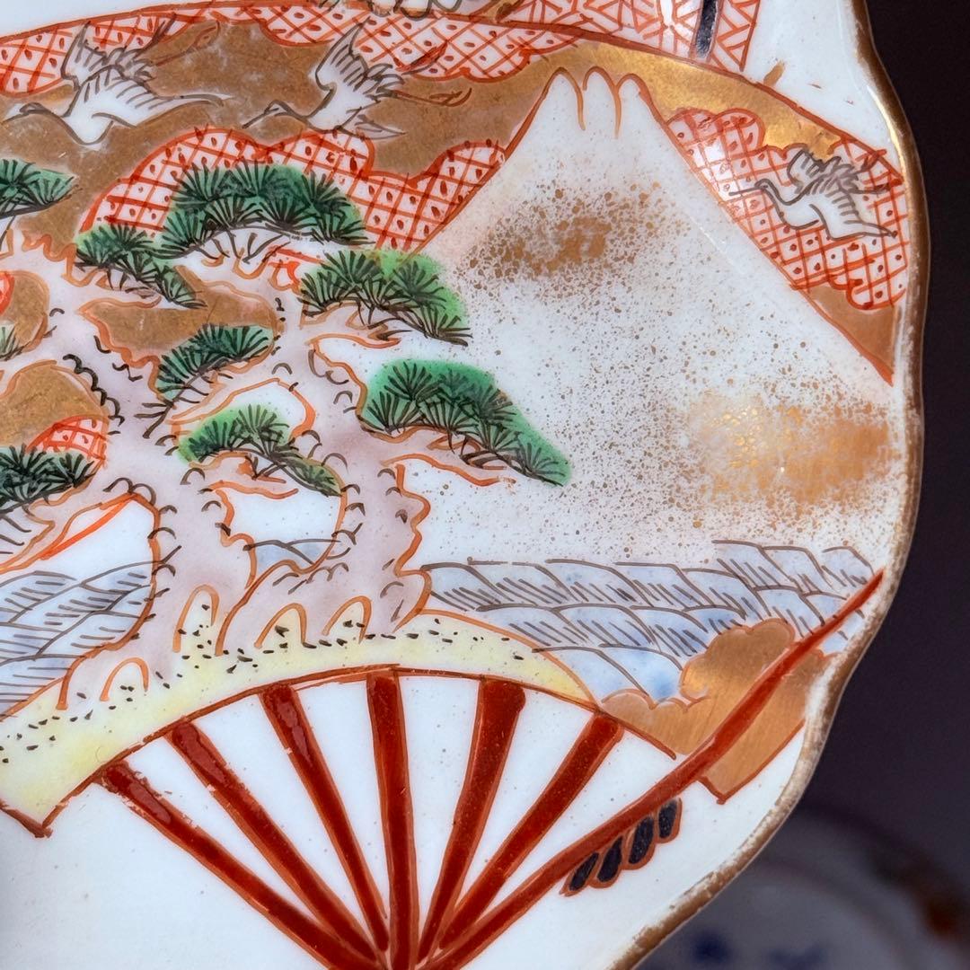 明治時代　幻の窯元　源六窯　金襴手扇子松鶴文小皿　10枚　三つトマーク