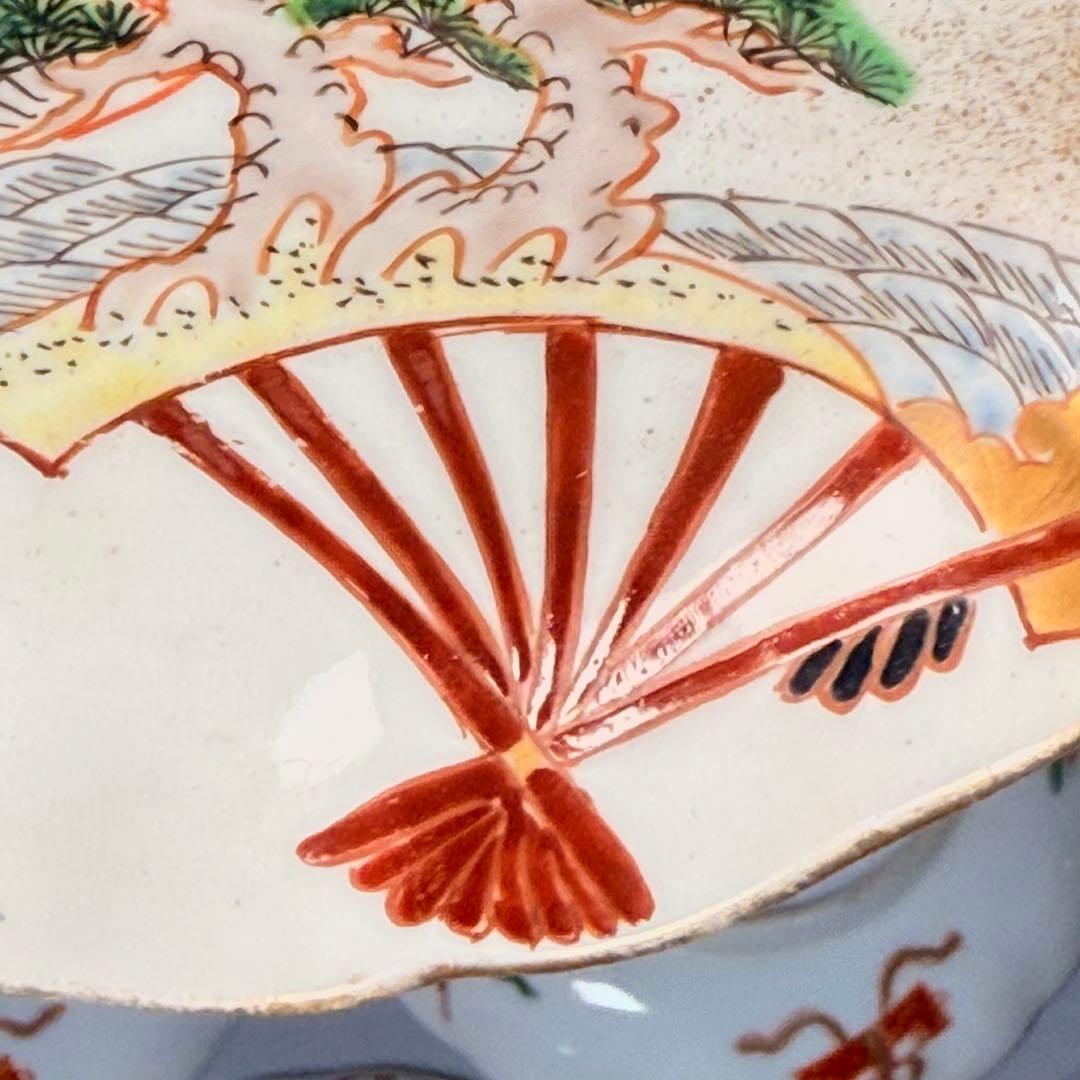 明治時代　幻の窯元　源六窯　金襴手扇子松鶴文小皿　10枚　三つトマーク