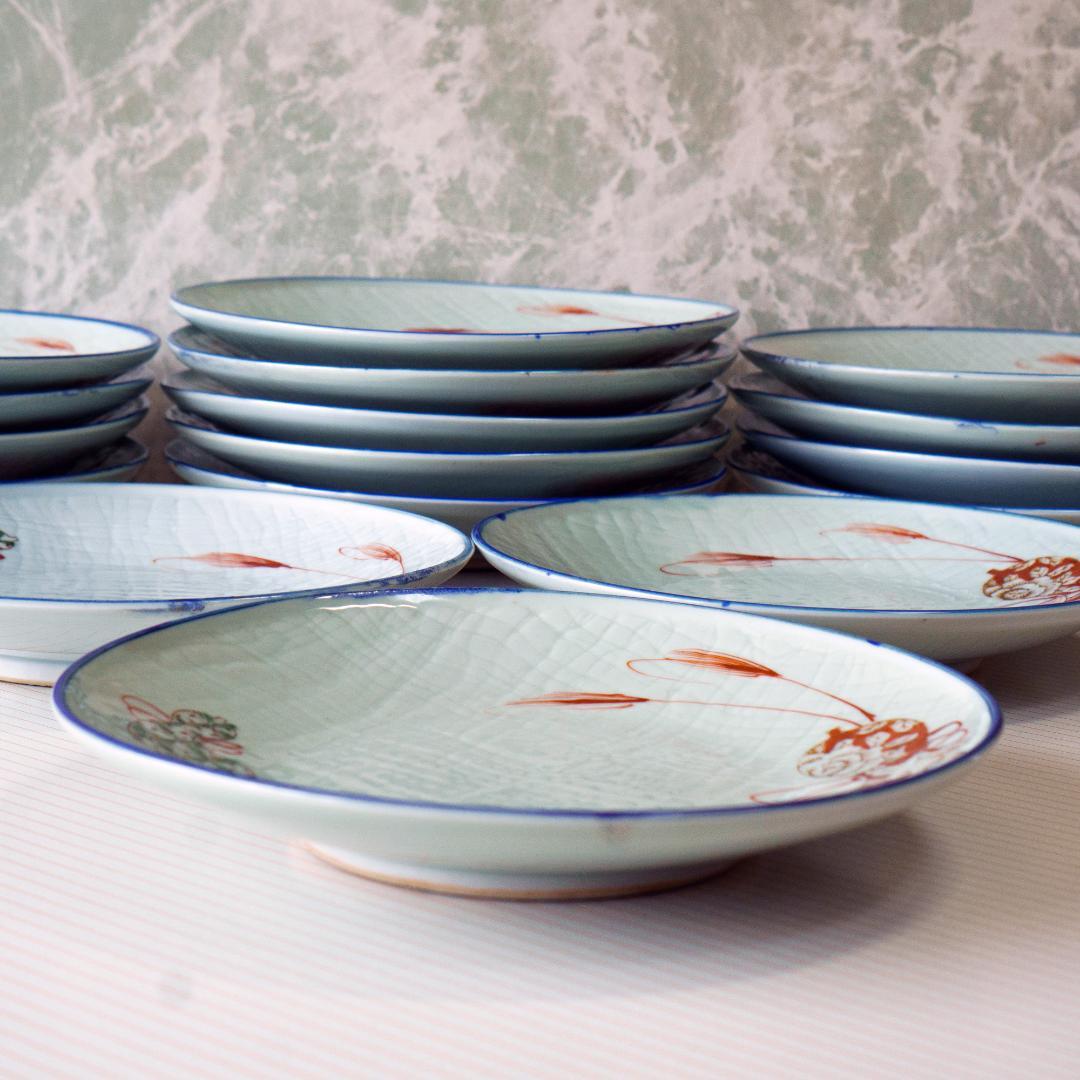 伊万里焼　明治～昭和　7寸皿　16枚　瓢箪と蝶結び　吉祥紋様　木箱