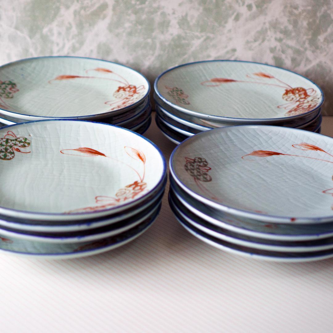 伊万里焼　明治～昭和　7寸皿　16枚　瓢箪と蝶結び　吉祥紋様　木箱