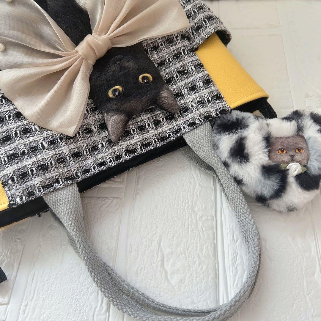 ゆ*ら様 ツイード＆フェイクレザー　黒猫ちゃん　コヤンイサムチョン　トートバッグ