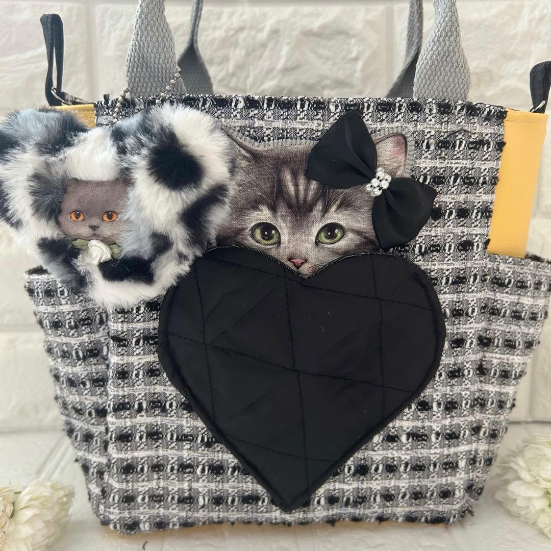ゆ*ら様 ツイード＆フェイクレザー　黒猫ちゃん　コヤンイサムチョン　トートバッグ
