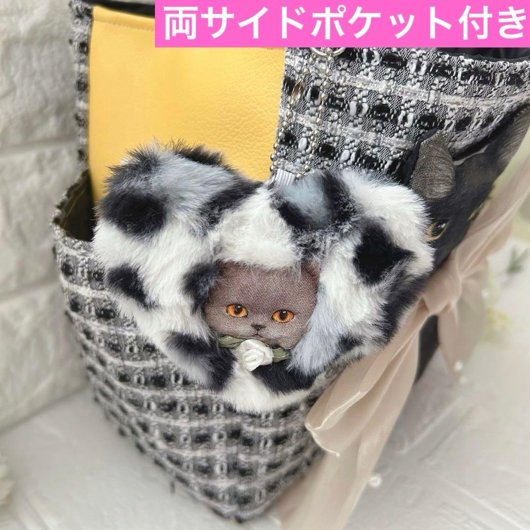 ゆ*ら様 ツイード＆フェイクレザー　黒猫ちゃん　コヤンイサムチョン　トートバッグ