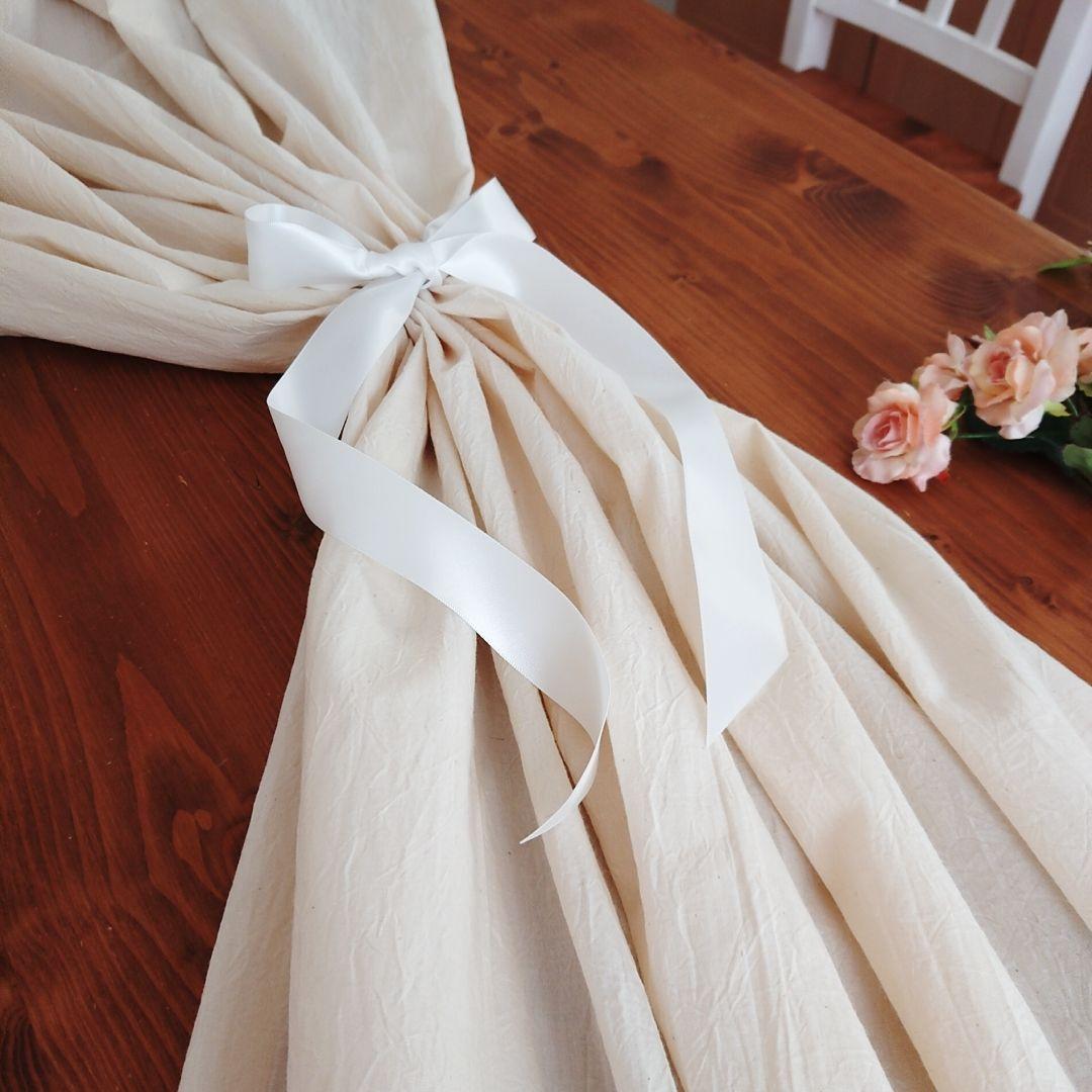 ナチュラルコットン♪フリル両開きカフェカーテン リボンクリップ付き♪キナリ 無地