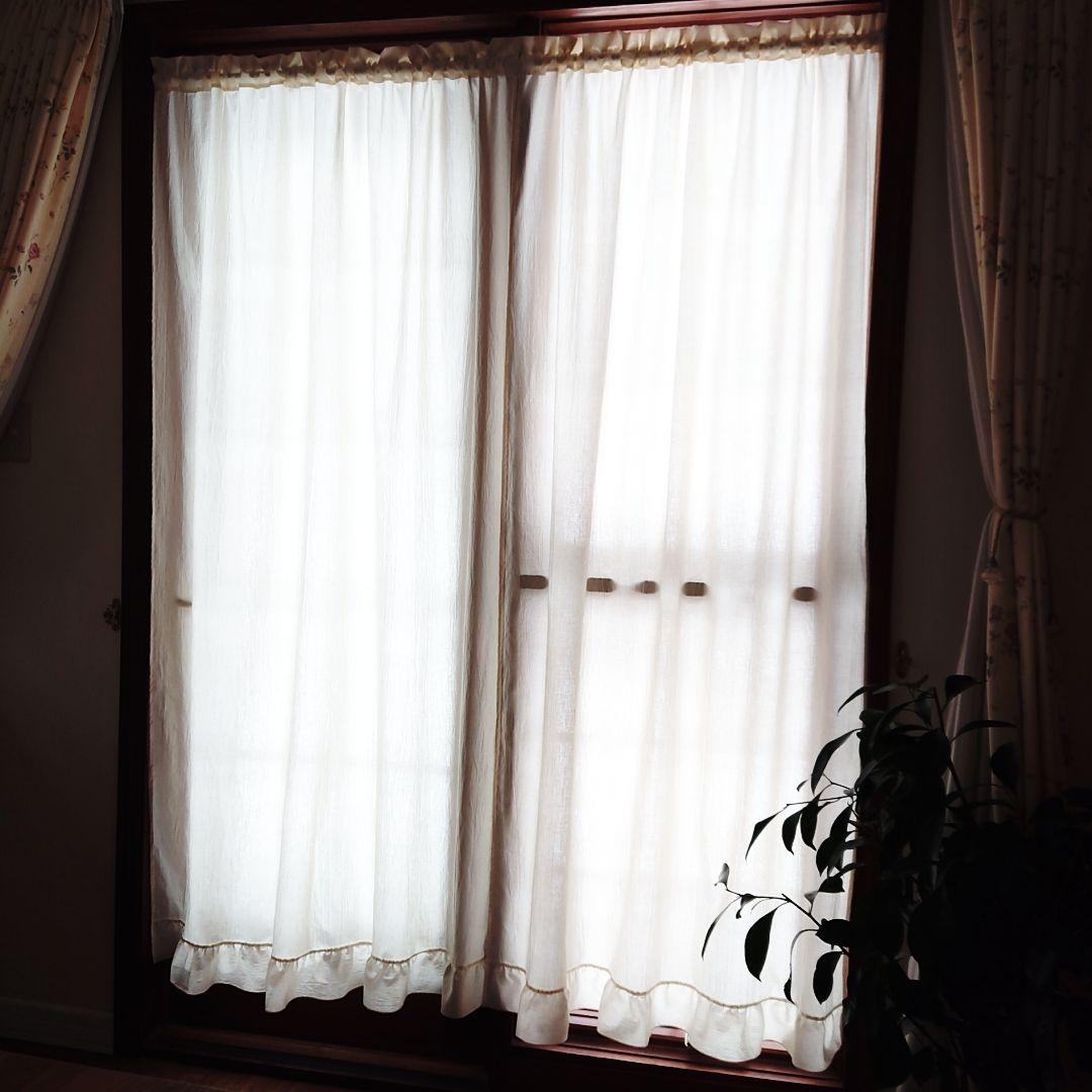 ナチュラルコットン♪フリル両開きカフェカーテン リボンクリップ付き♪キナリ 無地