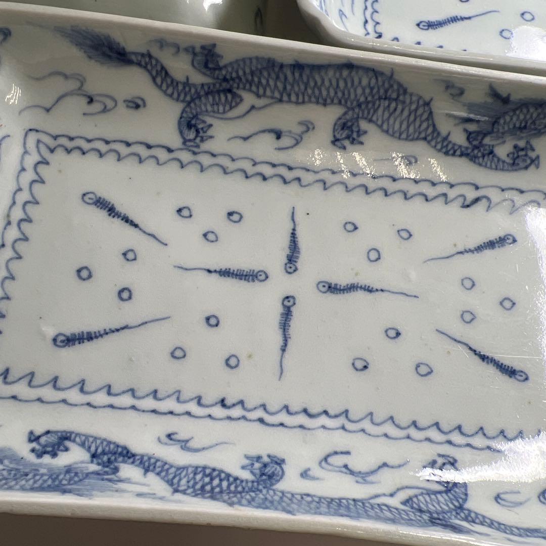 江戸時代　古伊万里　染付龍図長皿4枚　幅約20.8㎝　東Y8-0402①