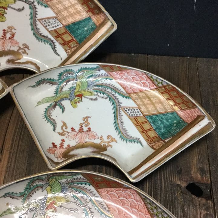 古伊万里　絵皿　金欄色絵　鳳凰桐紋　富貴長春　5客　江戸　大聖寺・九谷焼好きも