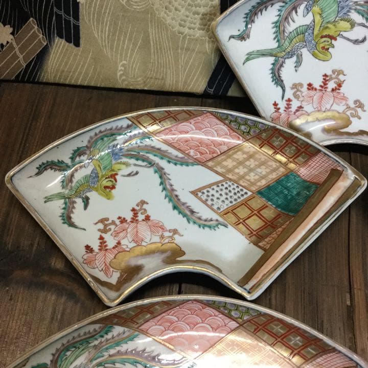 古伊万里　絵皿　金欄色絵　鳳凰桐紋　富貴長春　5客　江戸　大聖寺・九谷焼好きも