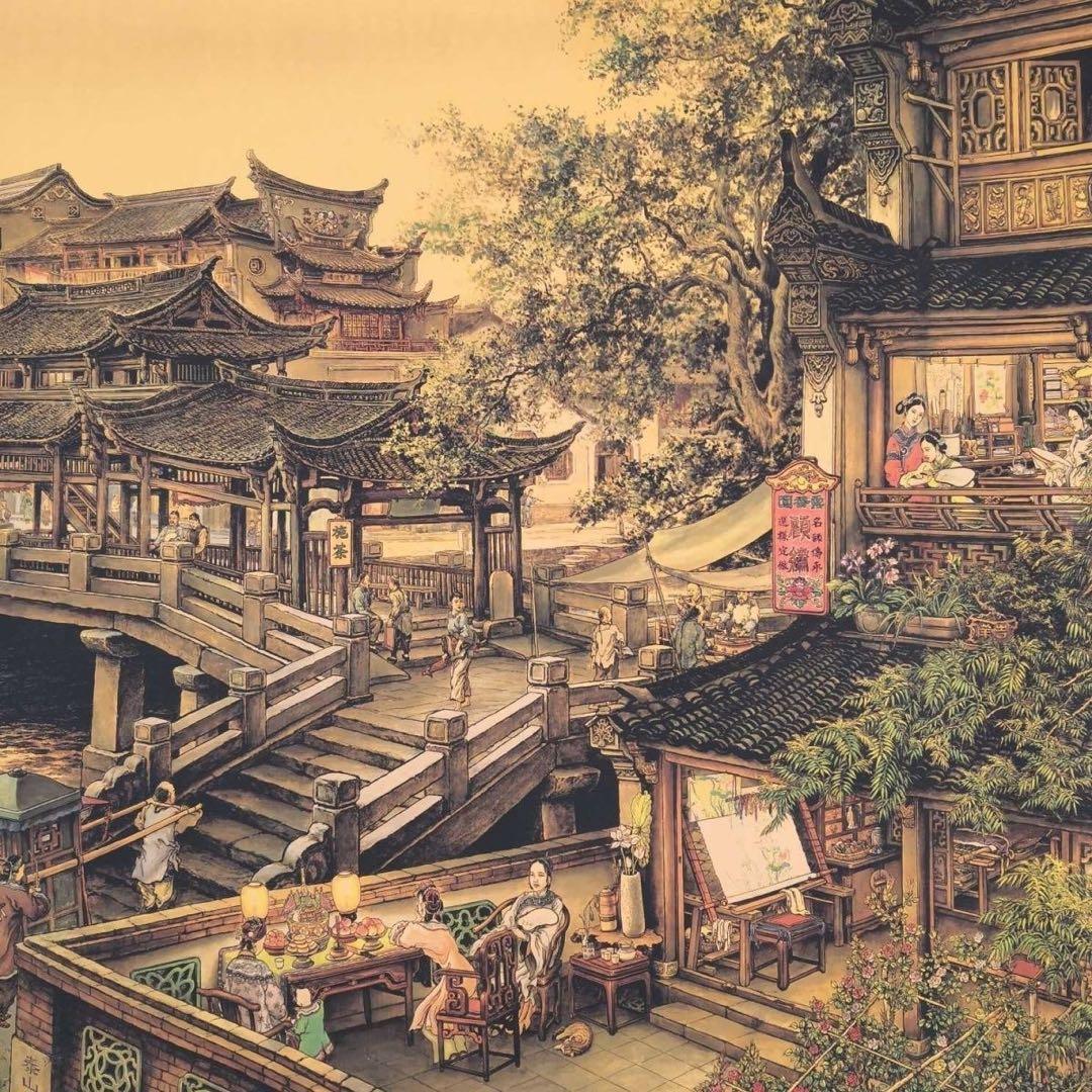 南郷旧夢 長巻 街景図 掛軸 330cm