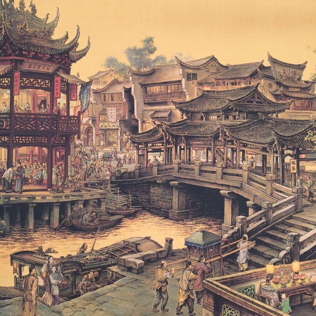 南郷旧夢 長巻 街景図 掛軸 330cm