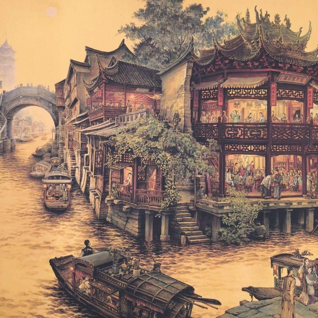 南郷旧夢 長巻 街景図 掛軸 330cm