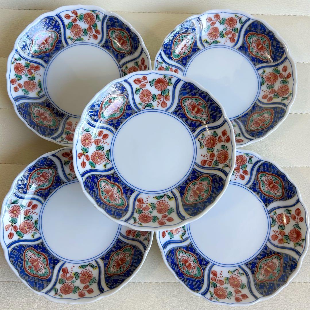 有田焼　南風窯　古伊万里　小皿揃　5枚セット　色絵　銘々皿　取り皿　輪花皿　和柄