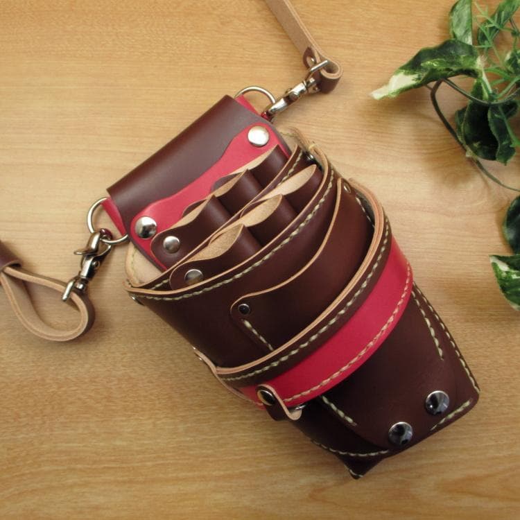 ブラウン＆レッド　６丁差し　革ベルト付　本革シザーケース　SCL-100/CBA